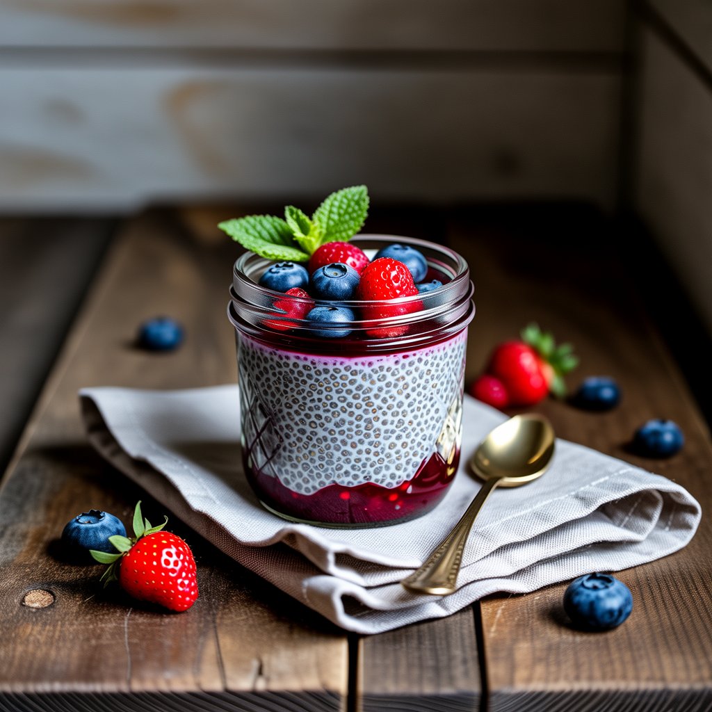 A glass jar filled with dairy-free chia pudding, layered with berry sauce, topped with fresh strawberries, blueberries, and a mint sprig. The jar sits on a folded napkin with a gold spoon, on a rustic wooden surface.