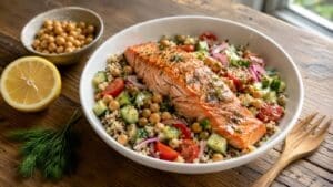 A bowl with grilled salmon on a bed of couscous, cherry tomatoes, cucumber, red onion, chickpeas, and fresh herbs. A lemon half, fresh dill, and a bowl of chickpeas are nearby on a wooden table.