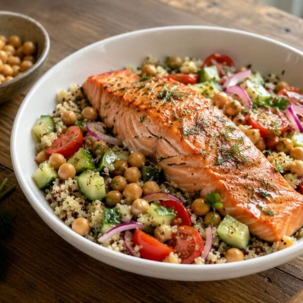 A bowl with grilled salmon on a bed of couscous, cherry tomatoes, cucumber, red onion, chickpeas, and fresh herbs. A lemon half, fresh dill, and a bowl of chickpeas are nearby on a wooden table.