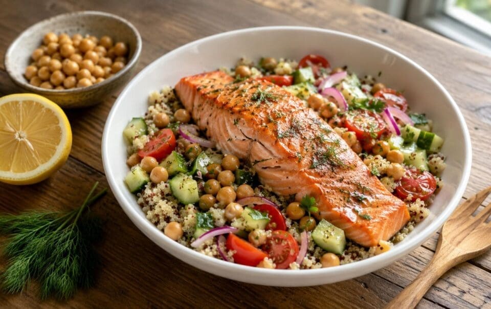 A bowl with grilled salmon on a bed of couscous, cherry tomatoes, cucumber, red onion, chickpeas, and fresh herbs. A lemon half, fresh dill, and a bowl of chickpeas are nearby on a wooden table.