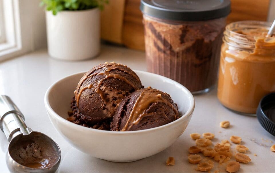 A white bowl with two scoops of Chocolate Peanut Butter protein ice cream, surrounded by a jar of peanut butter, a jar of ice cream freshly made with the Ninja Creami, a scoop, chopped peanuts, and a plant in the background.