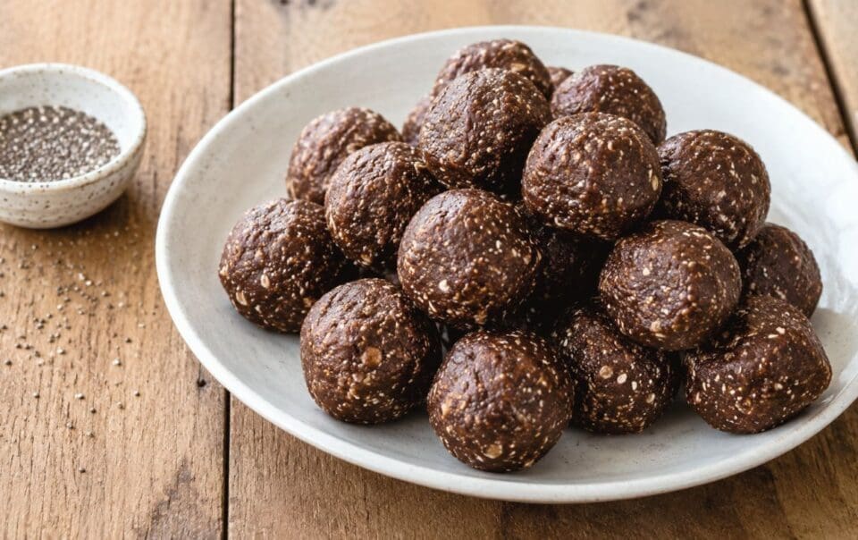 A white plate filled with round, chocolate protein balls made with oats sits on a wooden table. These high fiber energy bites are accompanied by a small bowl of chia seeds, with some seeds scattered nearby.