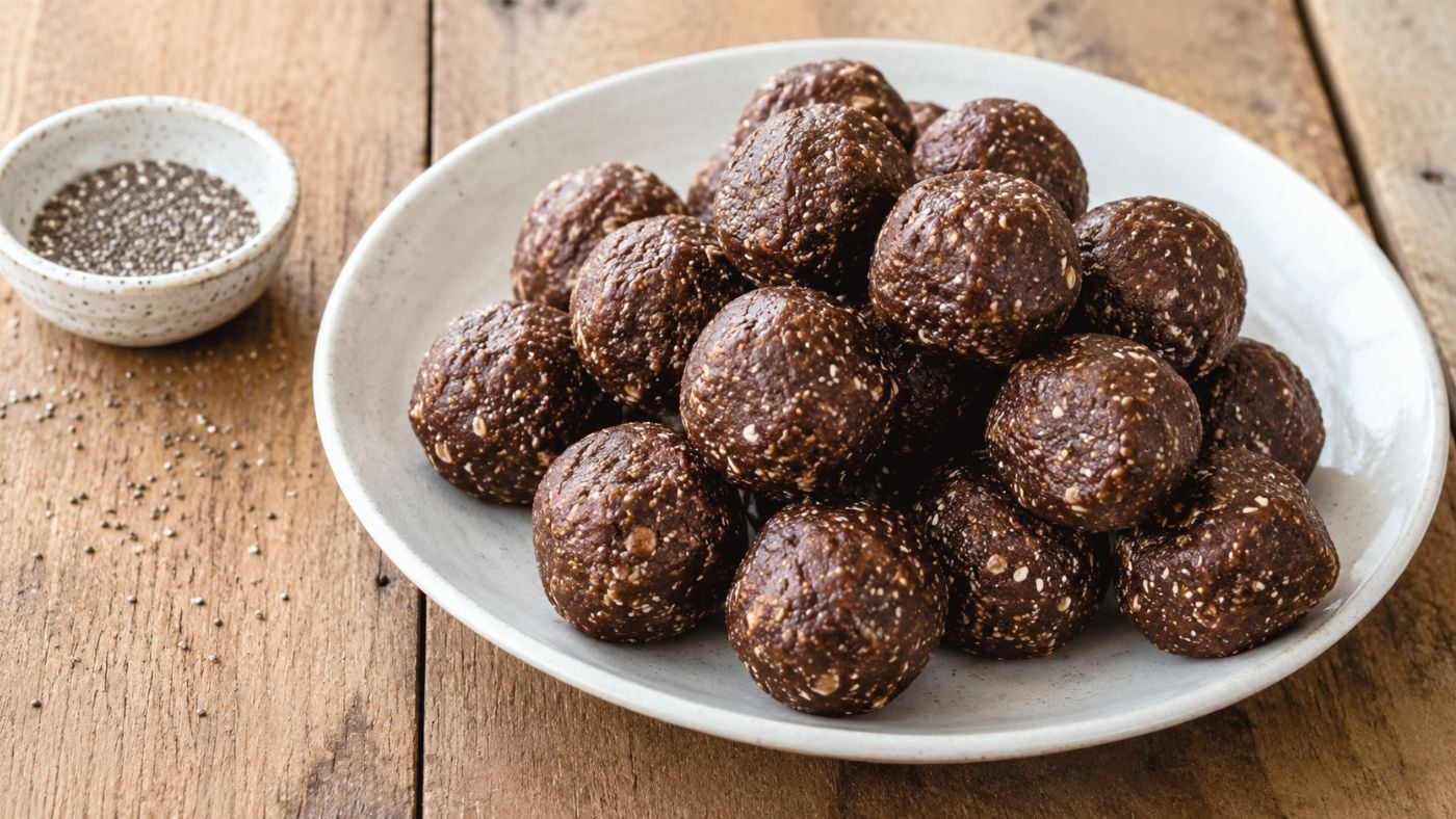 A white plate filled with round, chocolate protein balls made with oats sits on a wooden table. These high fiber energy bites are accompanied by a small bowl of chia seeds, with some seeds scattered nearby.