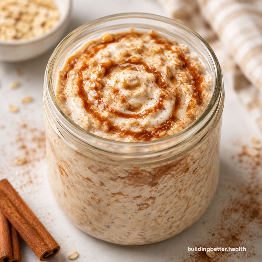 A glass jar filled with creamy, high-protein overnight oats, topped with a swirl of cinnamon and a drizzle of syrup. Two cinnamon sticks and a bowl of oats are nearby on a light surface.