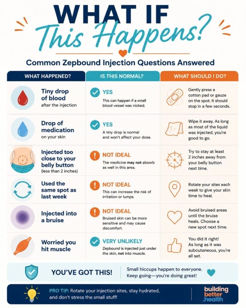 Infographic titled What If This Happens? explains common Zepbound injection questions about blood, medication, location, and bruising, with advice and reassurance for each situation—plus a tip on rotating Zepbound injection sites. It also highlights the best place to inject Zepbound and offers guidance on choosing between abdomen vs thigh for your injections.