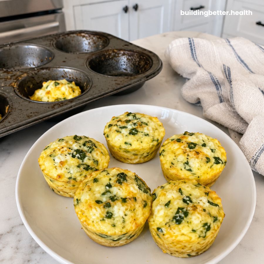 Five high-protein egg muffin cups with spinach and feta are arranged on a white plate. Behind them is a muffin tin with more egg muffins, a striped kitchen towel, and a light-colored kitchen countertop and cabinets.