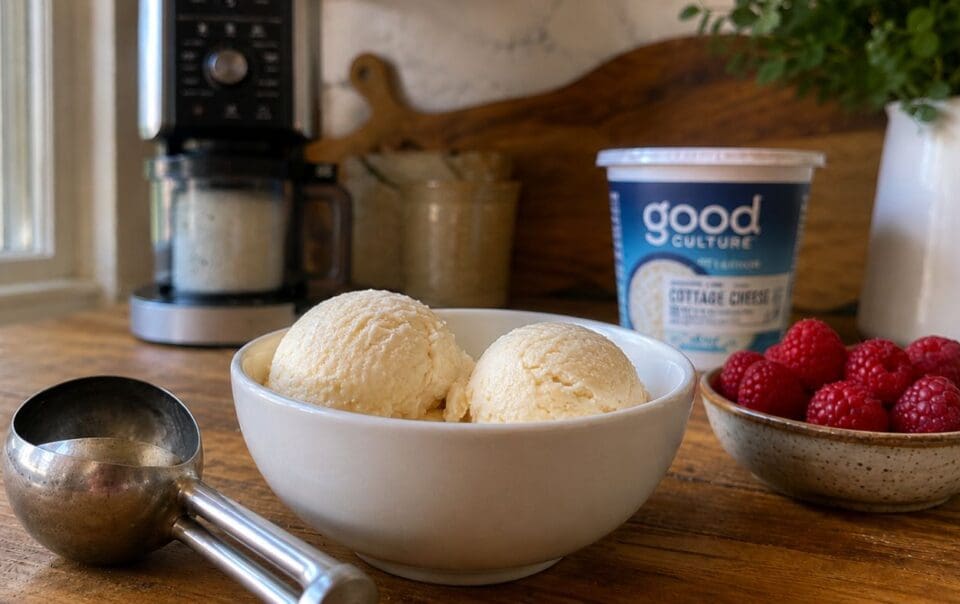 A white bowl with two scoops of ice cream, made using the Cottage Cheese Ninja Creami, sits on a wooden table next to a metal ice cream scoop, a bowl of raspberries, and a container of Good Culture cottage cheese. A coffee maker and plant are in the background.