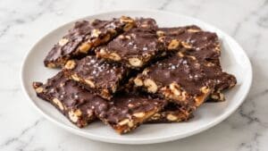 A white plate holds several pieces of chocolate bark with visible nuts and a sprinkle of sea salt, arranged neatly on a marble surface—this easy, no bake treat is the perfect vegan recipe for satisfying your sweet tooth.