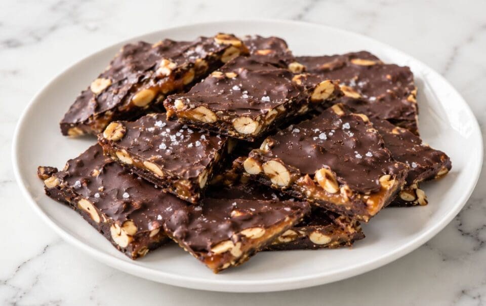 A white plate holds several pieces of chocolate bark with visible nuts and a sprinkle of sea salt, arranged neatly on a marble surface—this easy, no bake treat is the perfect vegan recipe for satisfying your sweet tooth.