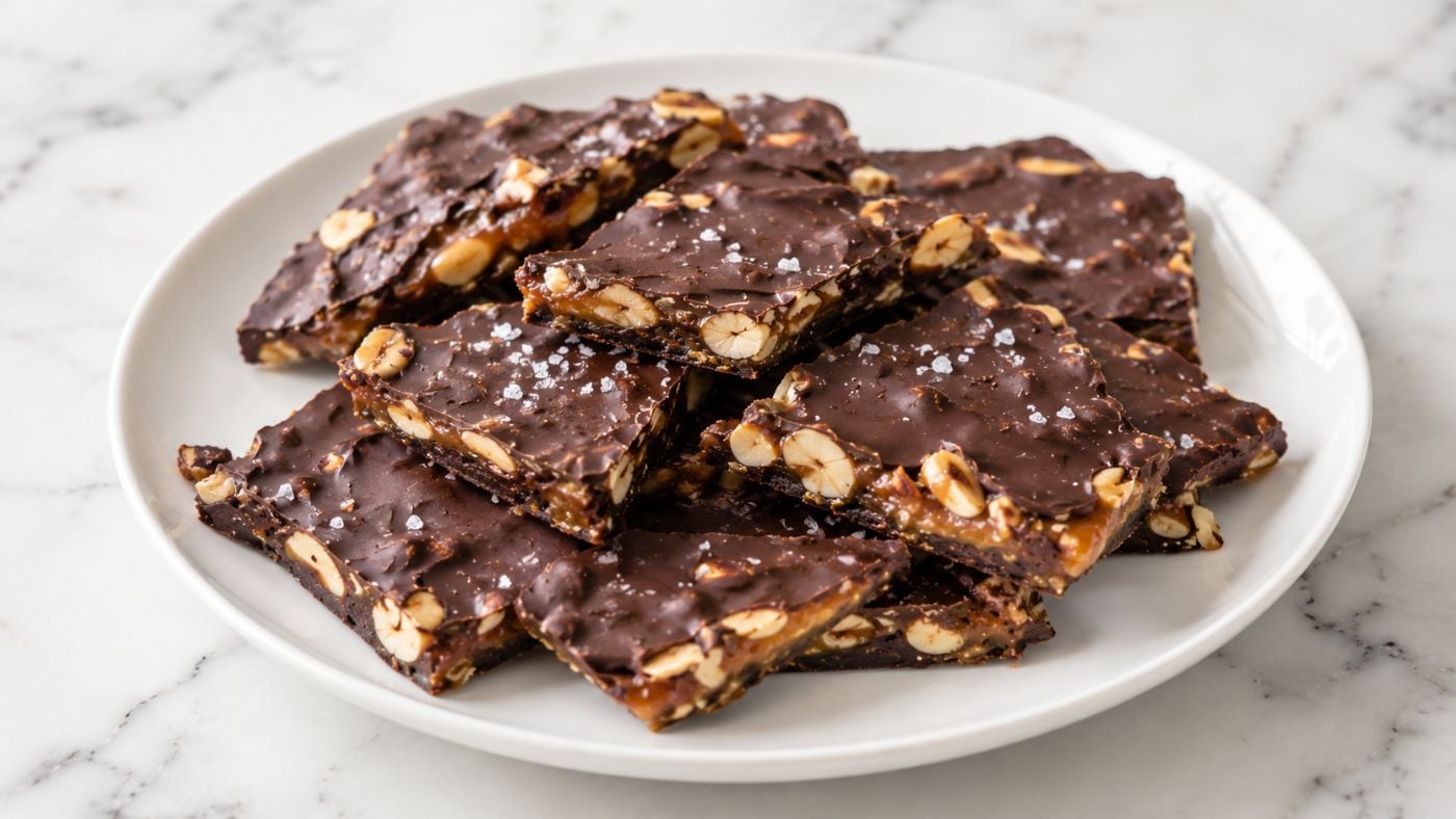 A white plate holds several pieces of chocolate bark with visible nuts and a sprinkle of sea salt, arranged neatly on a marble surface—this easy, no bake treat is the perfect vegan recipe for satisfying your sweet tooth.