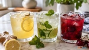 Three glasses of iced drinks—lemon ginger, lime mint, and cherry—are presented as part of a refreshing electrolyte drink recipes collection. Each glass is garnished with fresh fruit or herbs, sitting on a marble surface with ingredients and greenery in the background.