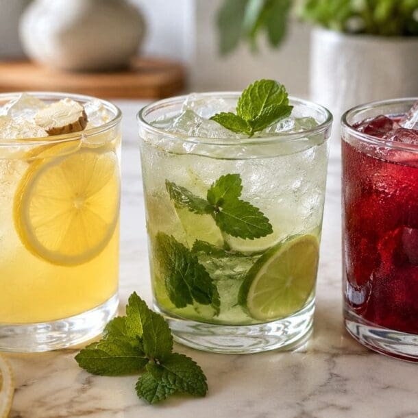 Three glasses of iced drinks—lemon ginger, lime mint, and cherry—are presented as part of a refreshing electrolyte drink recipes collection. Each glass is garnished with fresh fruit or herbs, sitting on a marble surface with ingredients and greenery in the background.