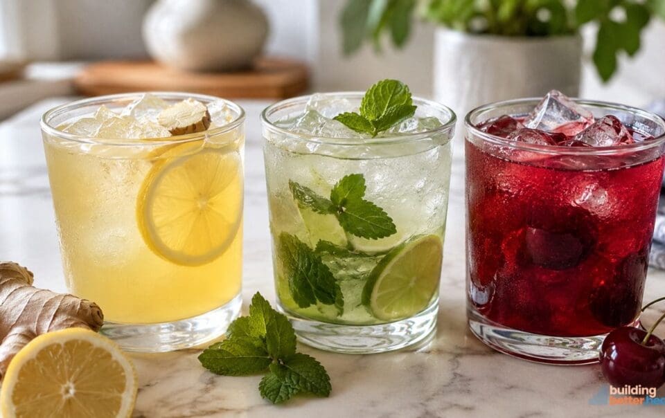 Three glasses of iced drinks—lemon ginger, lime mint, and cherry—are presented as part of a refreshing electrolyte drink recipes collection. Each glass is garnished with fresh fruit or herbs, sitting on a marble surface with ingredients and greenery in the background.