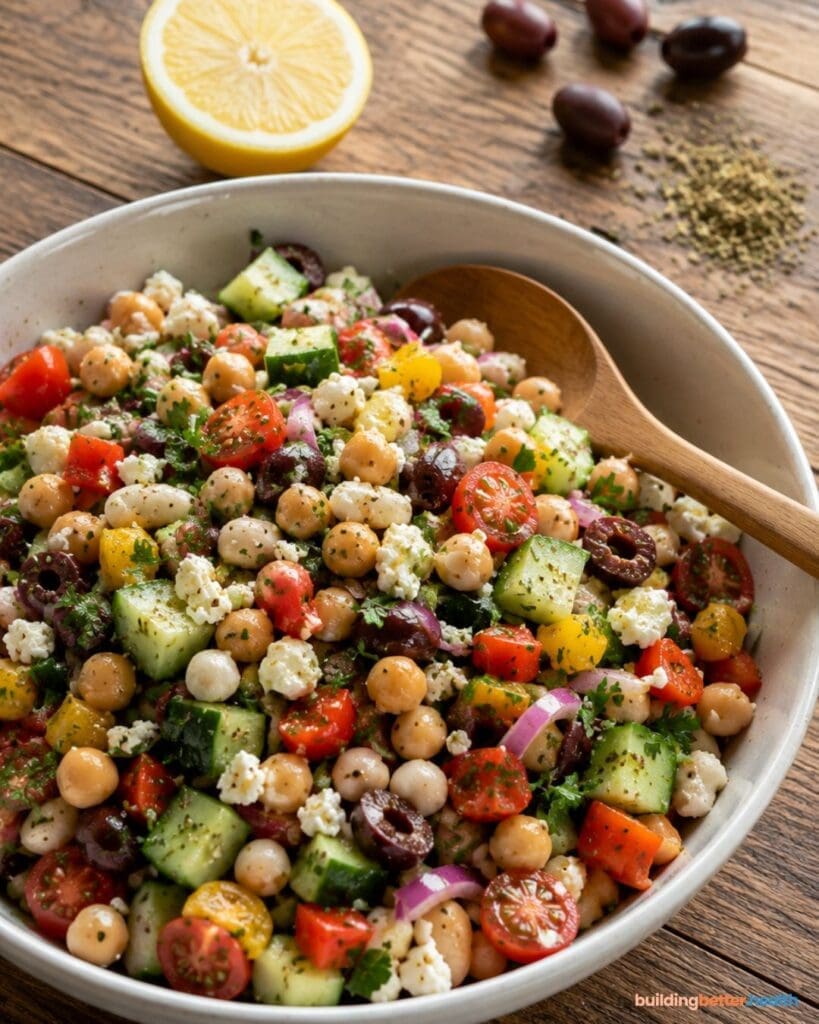 A bowl of Mediterranean Bean Salad, rich in high fiber and high protein ingredients like chickpeas, cherry tomatoes, cucumber, red onion, olives, feta cheese, and fresh herbs, sits next to a wooden spoon, a lemon half, extra olives, and fragrant herbs on a wooden table.