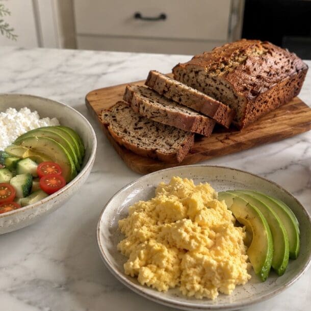 A marble table with grilled chicken salad, scrambled eggs with avocado, sliced bread, a berry smoothie, a small bowl of mixed berries, and hints of easy cottage cheese recipes in the spread. The phrase "building better health" is seen in the corner.