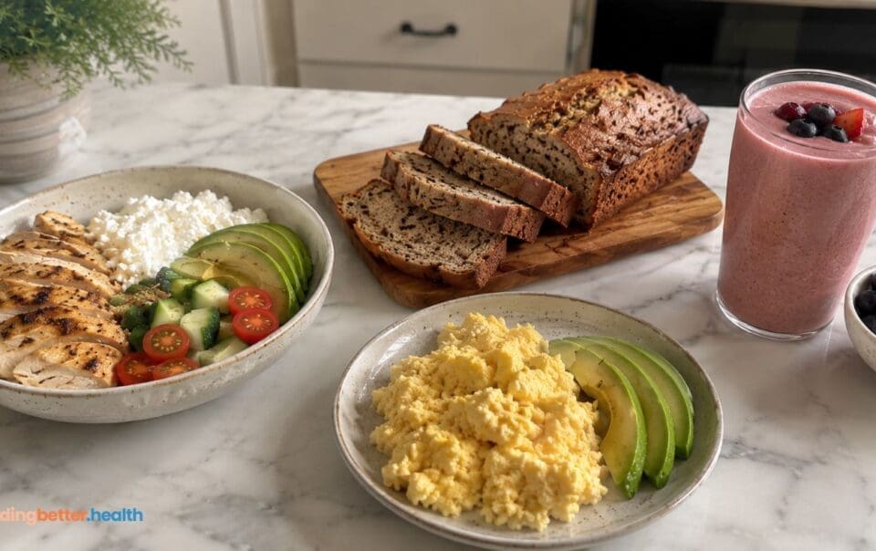 A marble table with grilled chicken salad, scrambled eggs with avocado, sliced bread, a berry smoothie, a small bowl of mixed berries, and hints of easy cottage cheese recipes in the spread. The phrase "building better health" is seen in the corner.