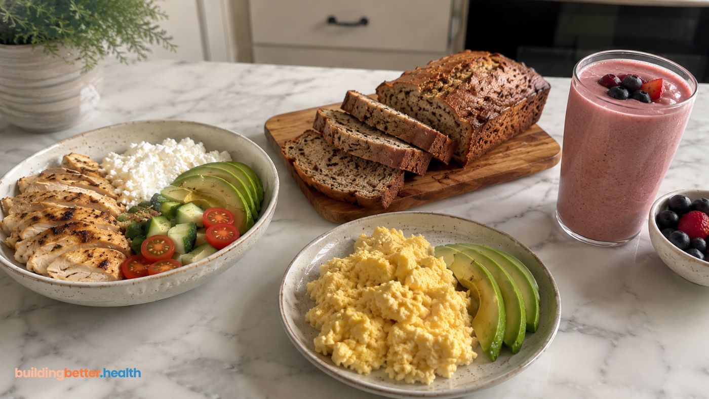 A marble table with grilled chicken salad, scrambled eggs with avocado, sliced bread, a berry smoothie, a small bowl of mixed berries, and hints of easy cottage cheese recipes in the spread. The phrase "building better health" is seen in the corner.