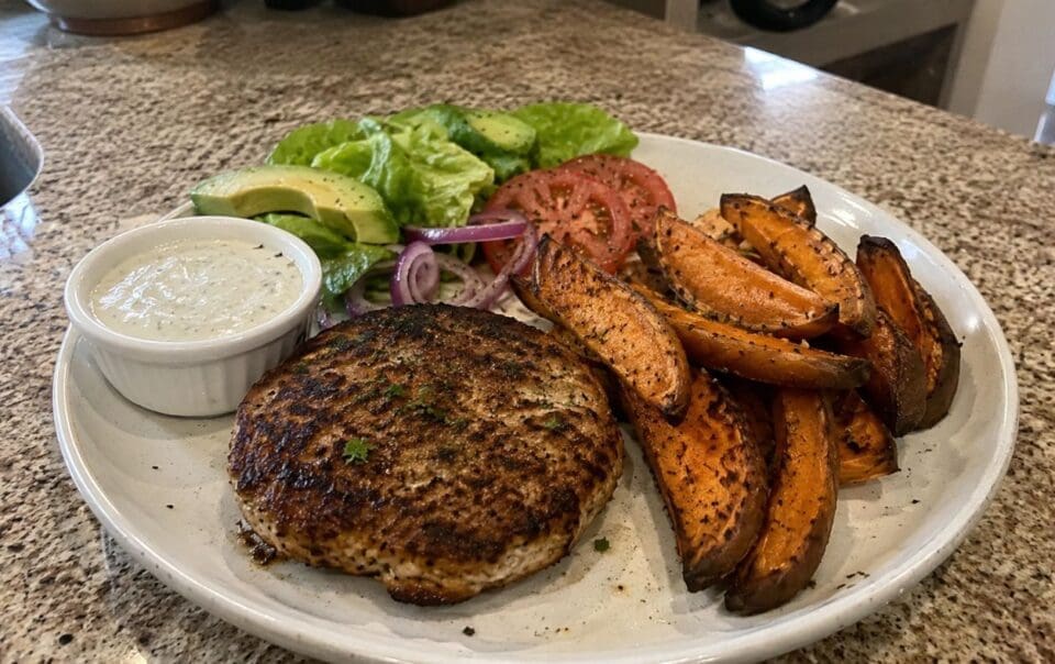 A plate featuring Easy Turkey Burgers with a grilled patty, sweet potato wedges, sliced tomato, red onion, avocado, lettuce, and a side of creamy dip sits on a granite countertop.
