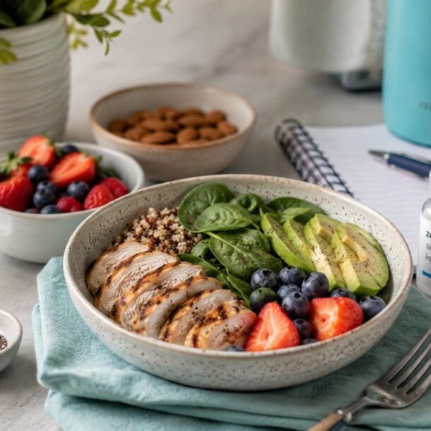 A healthy meal featuring grilled chicken, quinoa, spinach, avocado, strawberries, and blueberries in a bowl—perfect for Shot Day with Zepbound. The table also holds almonds, water, a lemon, notepad, and a medication vial to help calm food noise.