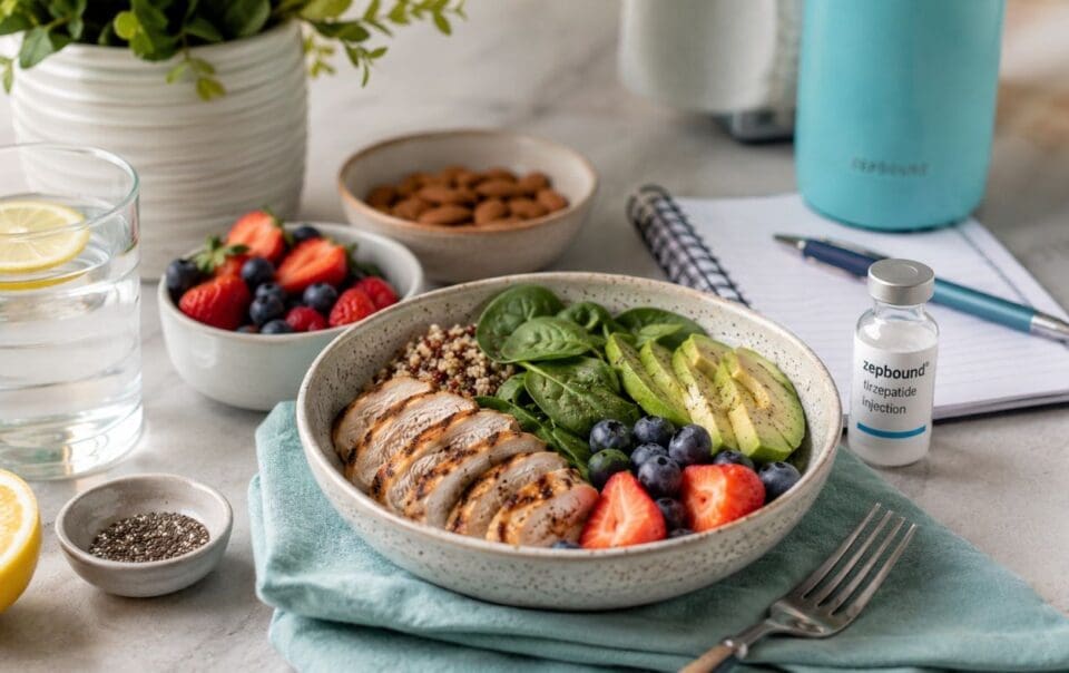 A healthy meal featuring grilled chicken, quinoa, spinach, avocado, strawberries, and blueberries in a bowl—perfect for Shot Day with Zepbound. The table also holds almonds, water, a lemon, notepad, and a medication vial to help calm food noise.