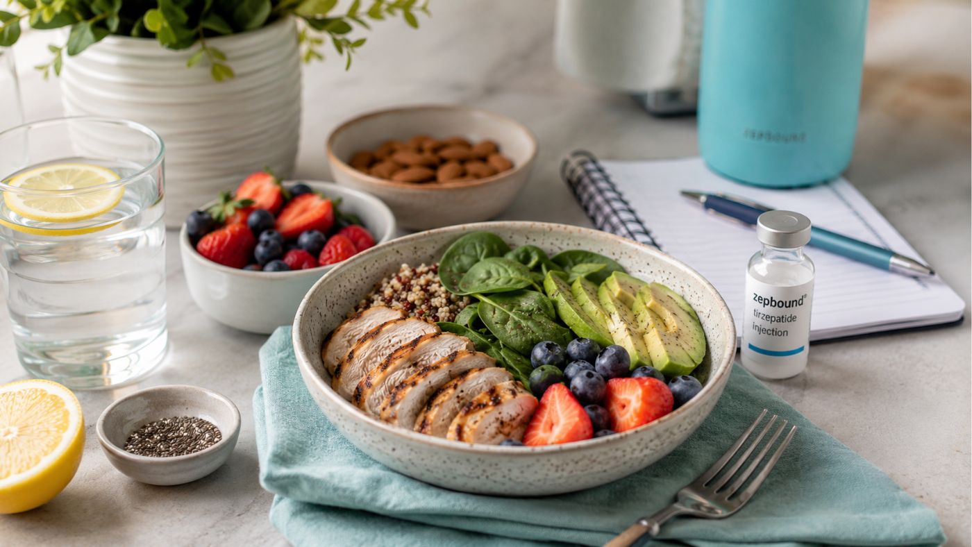 A healthy meal featuring grilled chicken, quinoa, spinach, avocado, strawberries, and blueberries in a bowl—perfect for Shot Day with Zepbound. The table also holds almonds, water, a lemon, notepad, and a medication vial to help calm food noise.