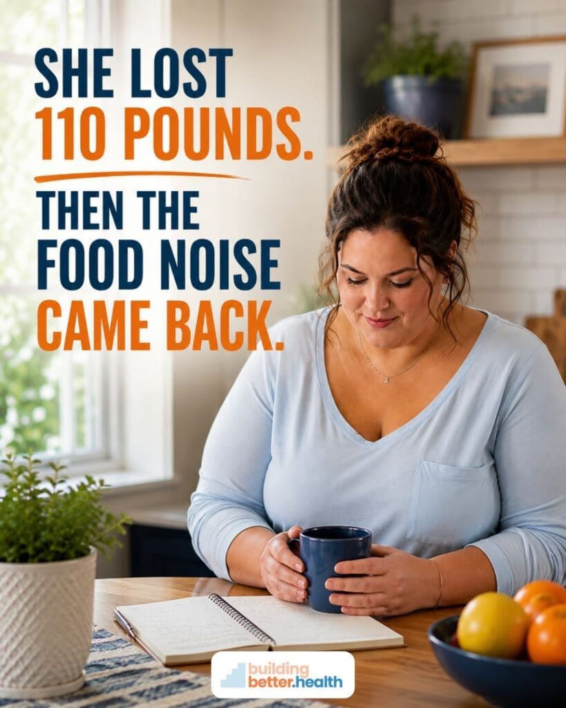 A woman with brown hair sits at a kitchen table holding a mug, looking down thoughtfully. Text on the image reads: She lost 110 pounds, but when Wegovy stopped working, the food noise came back. The logo building better health is at the bottom.