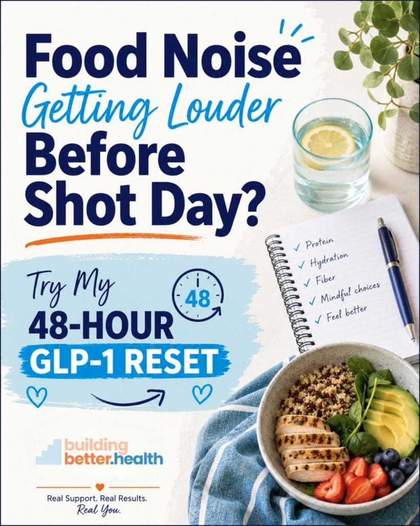 A bowl of fresh food, a glass of water with lemon, and a notepad with tips sit on a table. Text reads: “Food noise getting louder before Zepbound shot day? Try my 48-hour GLP-1 reset.” Building Better Health logo is shown.