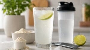 A glass of iced water with a lime slice sits on a counter, surrounded by a shaker bottle, a bowl and scoop of powder for your protein creatine stack, a silver packet, half a lime, and a plant in the background.