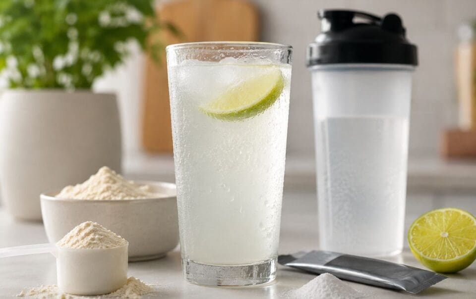 A glass of iced water with a lime slice sits on a counter, surrounded by a shaker bottle, a bowl and scoop of powder for your protein creatine stack, a silver packet, half a lime, and a plant in the background.