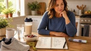 A woman sits at a kitchen table with a notebook, protein shake, water, fruit, tape measure, sneakers, and a medication pen—carefully tracking her weekly fitness and health progress while noting her GLP-1 dose.