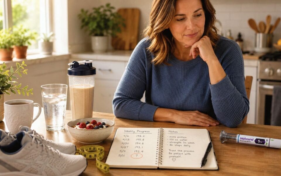 A woman sits at a kitchen table with a notebook, protein shake, water, fruit, tape measure, sneakers, and a medication pen—carefully tracking her weekly fitness and health progress while noting her GLP-1 dose.