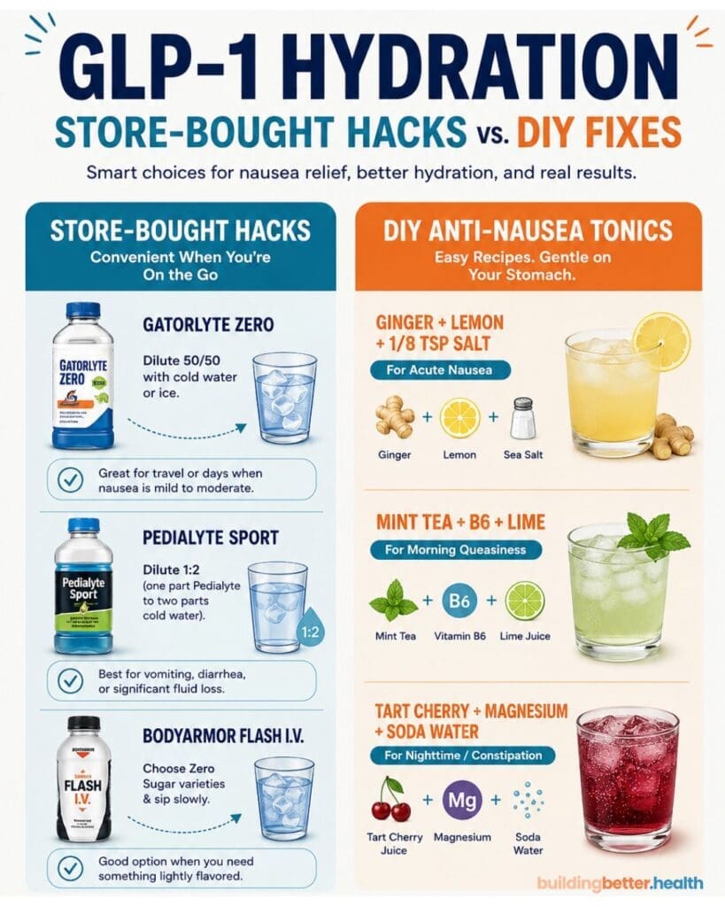 Infographic comparing store-bought hydration hacks and DIY anti-nausea tonics, with images of drinks, ingredient lists, benefits—including tips for managing GLP-1 nausea—and step-by-step instructions for easing nausea and staying hydrated using effective electrolyte drink recipes.