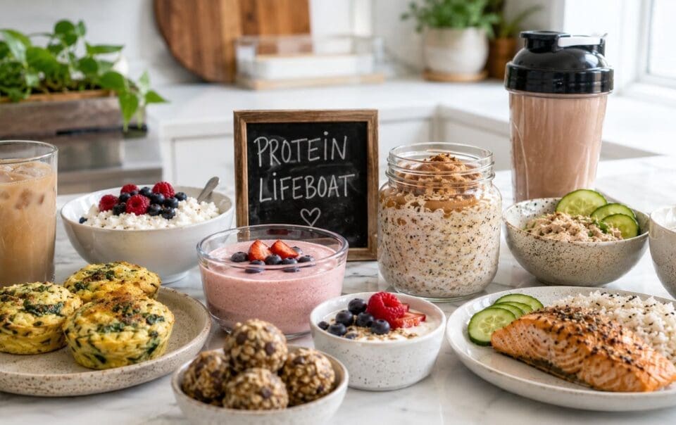 A variety of healthy, high-protein meals—perfect for those experiencing no appetite from GLP-1 medications—are arranged on a kitchen counter. The spread includes salmon, egg muffins, yogurt, smoothies, and more. A chalkboard reads Protein Lifeboat.