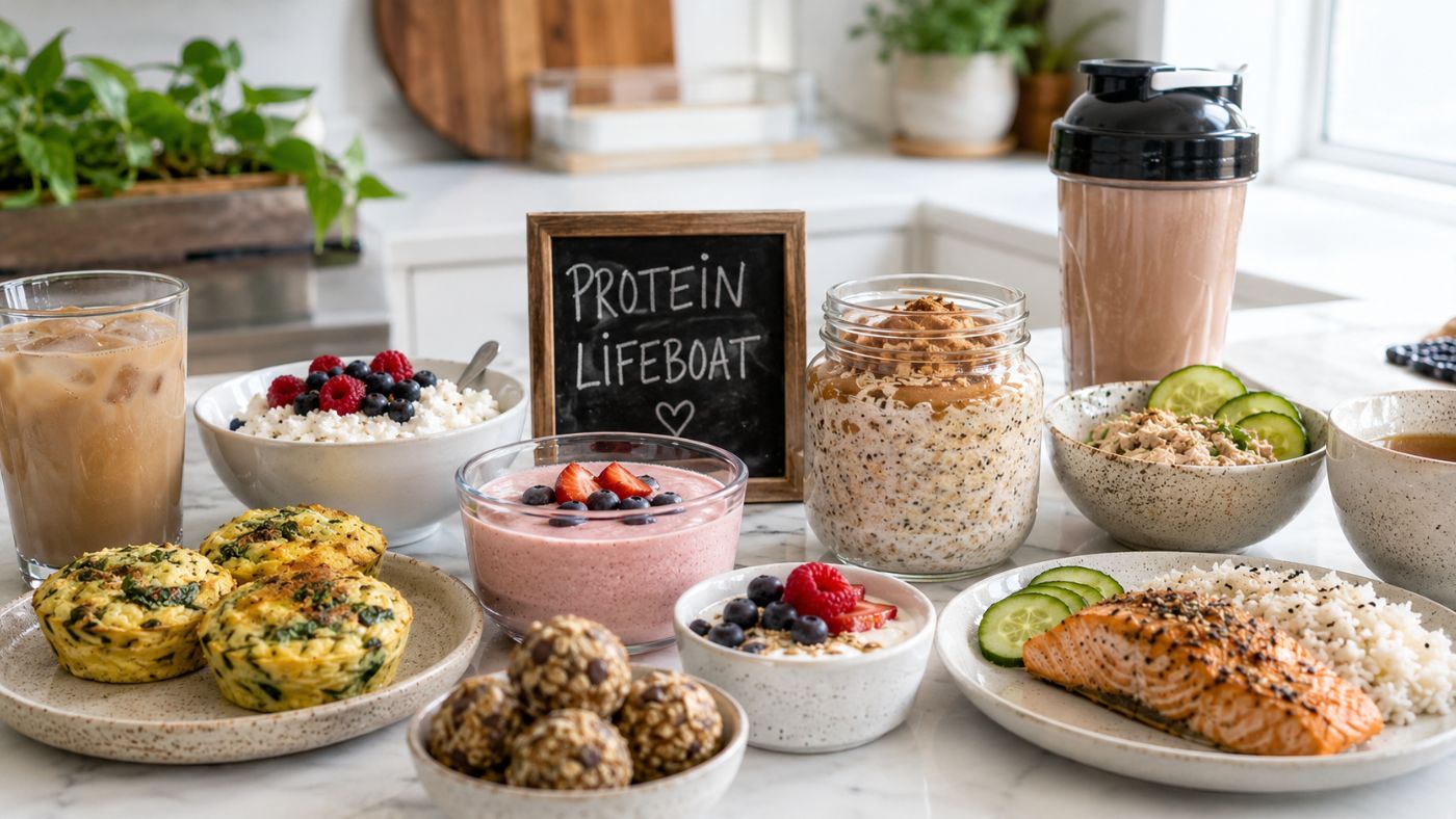 A variety of healthy, high-protein meals—perfect for those experiencing no appetite from GLP-1 medications—are arranged on a kitchen counter. The spread includes salmon, egg muffins, yogurt, smoothies, and more. A chalkboard reads Protein Lifeboat.