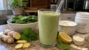 A refreshing Green Smoothie in a glass with a straw sits on the kitchen counter, surrounded by fresh spinach, zesty ginger-mint, a halved lemon, a scoop of powder, and a bowl of creamy yogurt—thoughtfully crafted to deliver vibrant flavor while helping soothe GLP-1 nausea.