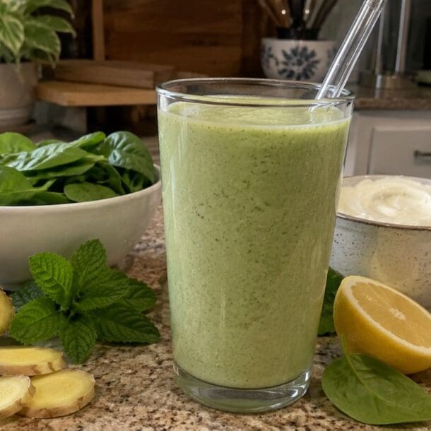 A refreshing Green Smoothie in a glass with a straw sits on the kitchen counter, surrounded by fresh spinach, zesty ginger-mint, a halved lemon, a scoop of powder, and a bowl of creamy yogurt—thoughtfully crafted to deliver vibrant flavor while helping soothe GLP-1 nausea.