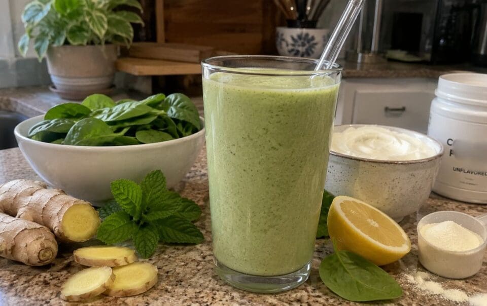 A refreshing Green Smoothie in a glass with a straw sits on the kitchen counter, surrounded by fresh spinach, zesty ginger-mint, a halved lemon, a scoop of powder, and a bowl of creamy yogurt—thoughtfully crafted to deliver vibrant flavor while helping soothe GLP-1 nausea.