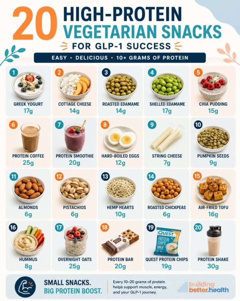 A colorful chart lists 20 high-protein vegetarian snacks, each with an image, name, and protein grams, plus tips for small, protein-rich snacks to support GLP-1 medications success. The header is blue and orange with icons and bright visuals—ideal for vegetarians seeking delicious high protein snacks.