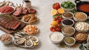 A variety of protein sources on a marble counter highlights heme vs non-heme iron: meats, poultry, seafood, and eggs on the left; beans, lentils, tofu, grains, cottage cheese, vegetables, and seeds on the right.