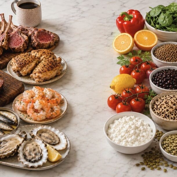 A variety of protein sources on a marble counter highlights heme vs non-heme iron: meats, poultry, seafood, and eggs on the left; beans, lentils, tofu, grains, cottage cheese, vegetables, and seeds on the right.