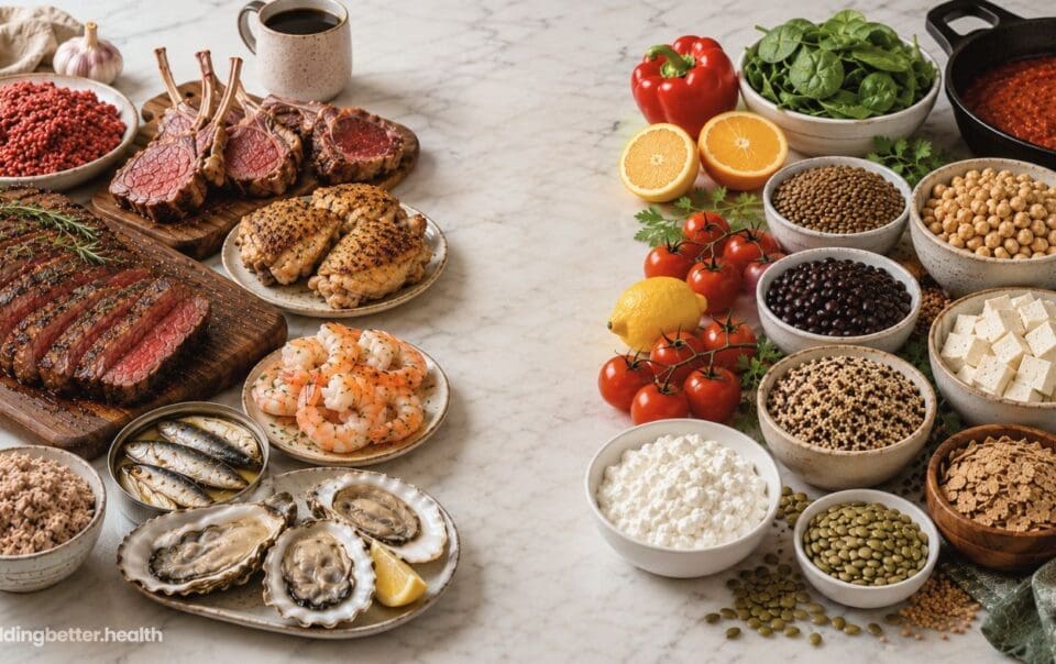 A variety of protein sources on a marble counter highlights heme vs non-heme iron: meats, poultry, seafood, and eggs on the left; beans, lentils, tofu, grains, cottage cheese, vegetables, and seeds on the right.