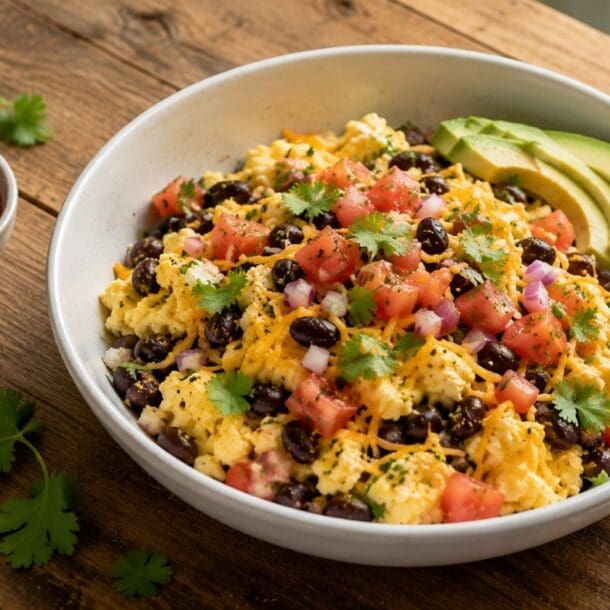 A GLP-1 friendly breakfast burrito bowl featuring scrambled eggs topped with black beans, diced tomatoes, red onion, shredded cheese, and cilantro. Sliced avocado, a lime wedge, salsa, and extra cilantro garnish sit beside on a rustic wooden table for a high protein breakfast option.