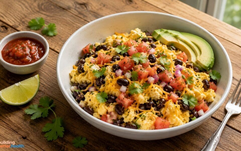 A GLP-1 friendly breakfast burrito bowl featuring scrambled eggs topped with black beans, diced tomatoes, red onion, shredded cheese, and cilantro. Sliced avocado, a lime wedge, salsa, and extra cilantro garnish sit beside on a rustic wooden table for a high protein breakfast option.