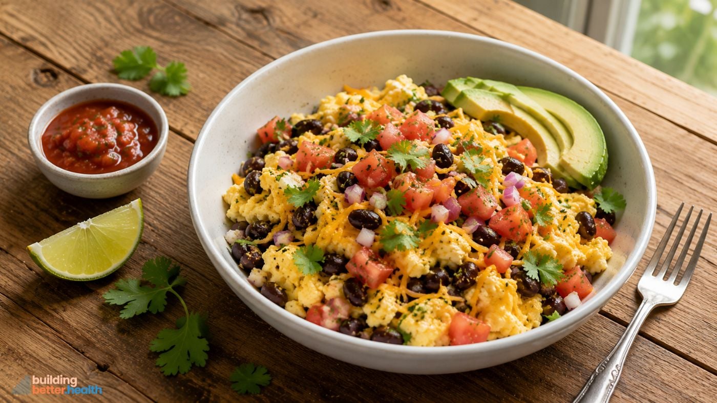 A GLP-1 friendly breakfast burrito bowl featuring scrambled eggs topped with black beans, diced tomatoes, red onion, shredded cheese, and cilantro. Sliced avocado, a lime wedge, salsa, and extra cilantro garnish sit beside on a rustic wooden table for a high protein breakfast option.