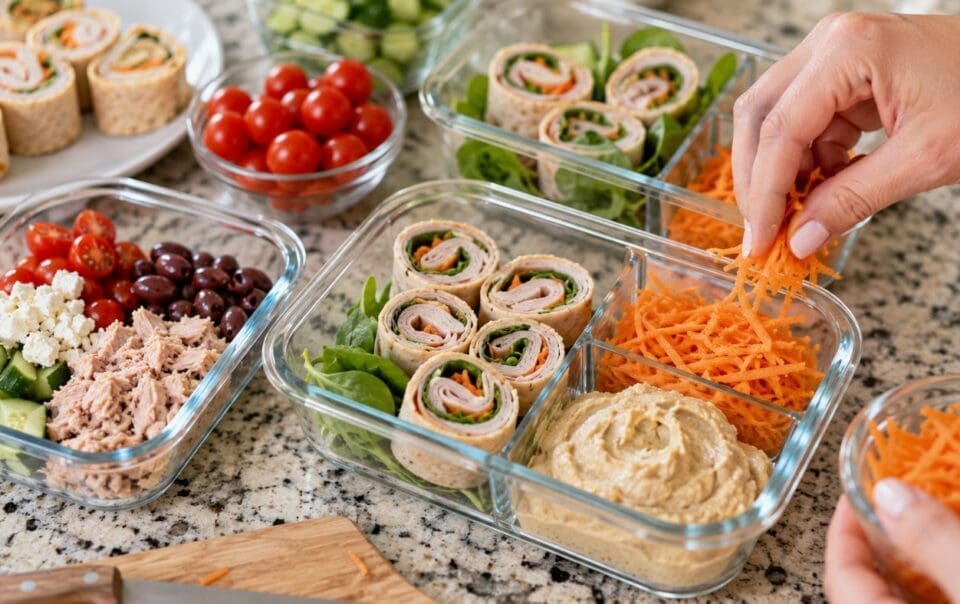 Hands preparing high protein cold lunch meal prep containers with roll-up sandwiches, shredded carrots, hummus, spinach, cherry tomatoes, cucumber, black olives, feta, and tuna on a kitchen counter. Healthy ingredients are neatly arranged.