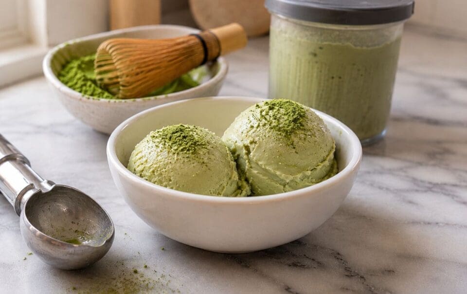 Two scoops of high protein Matcha Ice Cream in a white bowl, sprinkled with matcha powder, sit on a marble counter with an ice cream scoop, a jar of matcha, and a bamboo whisk nearby—a deliciously creamy treat made effortlessly with the Ninja Creami.