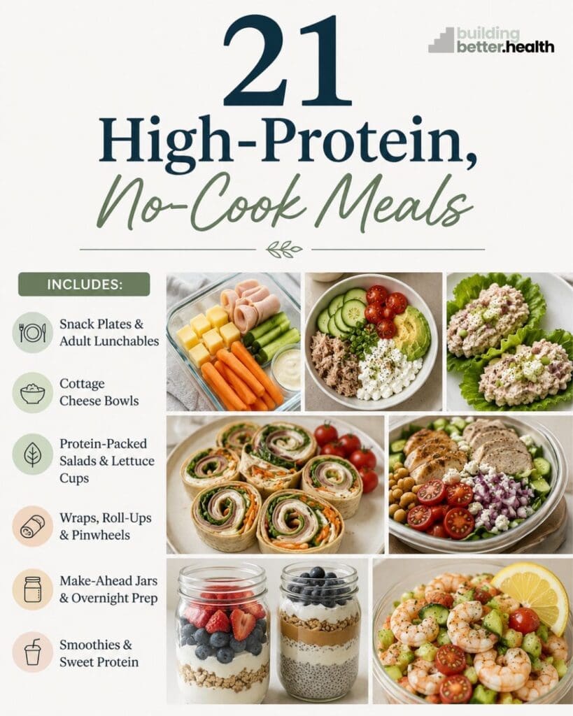 A graphic titled 21 High-Protein, No-Cook Meals features images of high protein cold lunch options like salads, shrimp, wraps, cottage cheese bowls, snacks, and smoothies, along with a list of meal types and the Building Better Health logo.