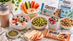 A spread of healthy snacks, including yogurt with berries, edamame, veggie sticks with hummus, chia pudding with fruit, protein bars, protein shake, apple slices with cheese, and pumpkin seeds on a light tabletop.