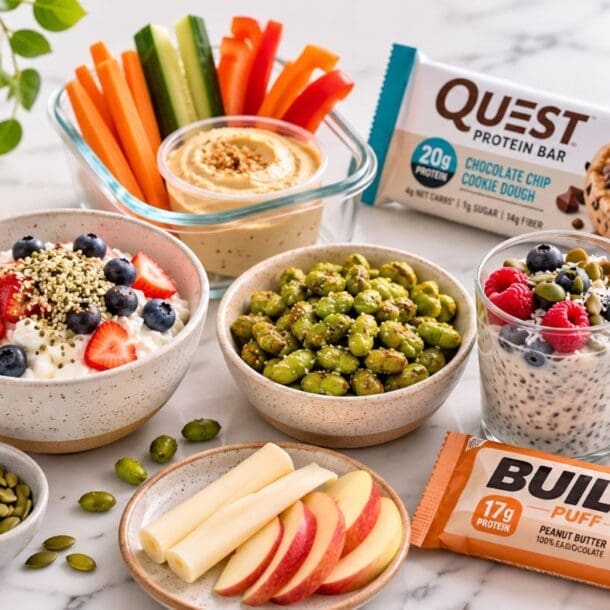 A spread of healthy snacks, including yogurt with berries, edamame, veggie sticks with hummus, chia pudding with fruit, protein bars, protein shake, apple slices with cheese, and pumpkin seeds on a light tabletop.