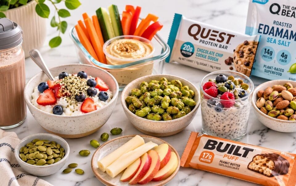 A spread of healthy snacks, including yogurt with berries, edamame, veggie sticks with hummus, chia pudding with fruit, protein bars, protein shake, apple slices with cheese, and pumpkin seeds on a light tabletop.